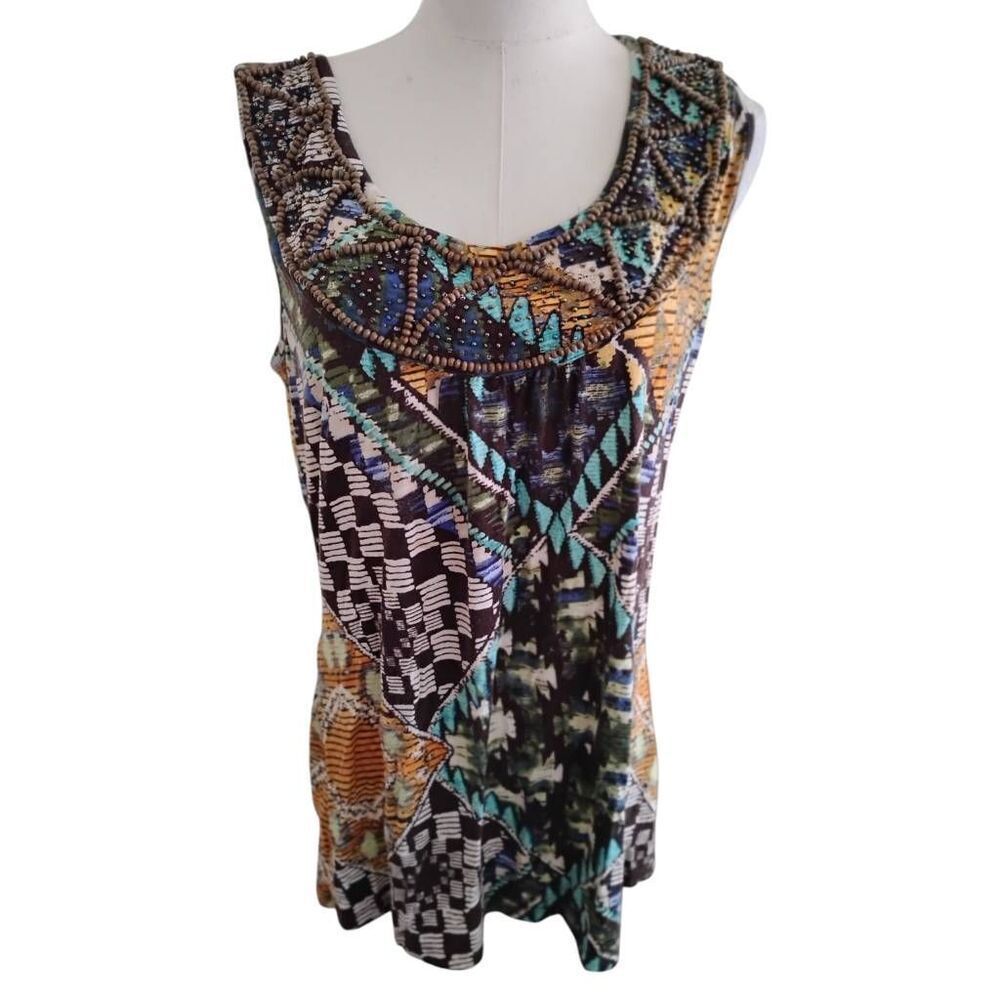 Tribal Brown Aztec Beaded Sleeveless Blouse Size Large